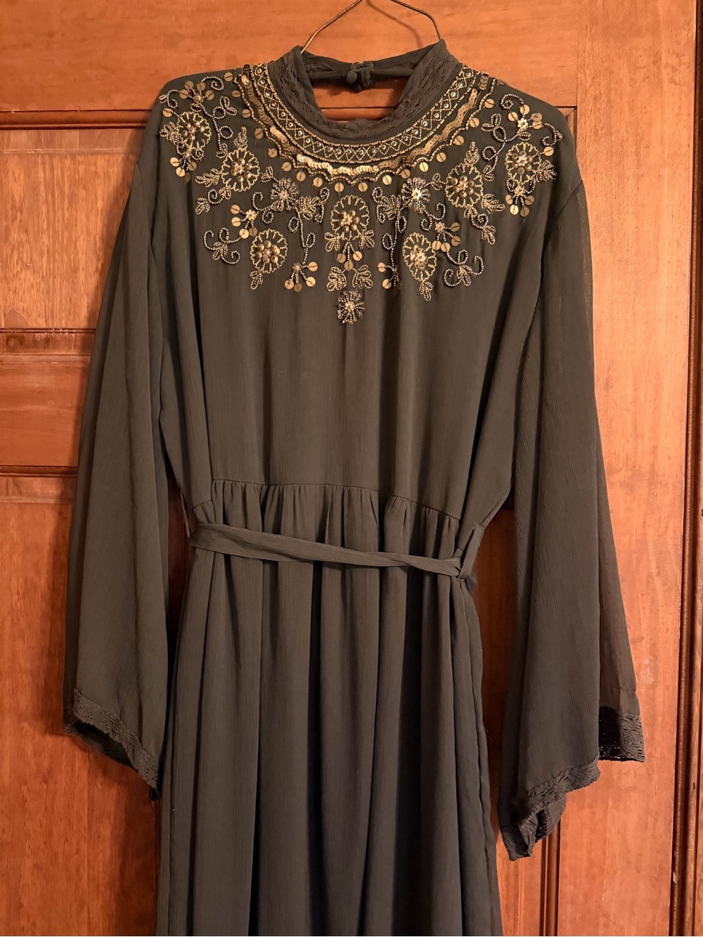 Forever 21 Olive Green Long-Sleeve Embroidered Maxi Dress